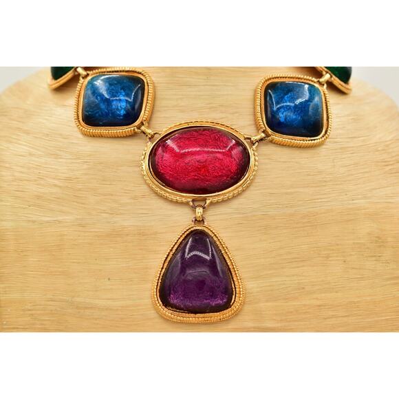 KJL Avon Cabochon Necklace Bib Multicolor Gripoix Jelly Gold Chunky Signed BinAU - Picture 3 of 12